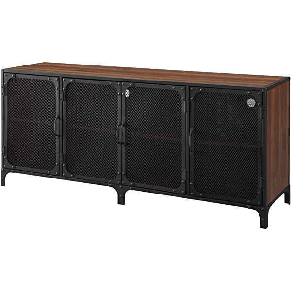 Walker Edison Malcomb Urban Industrial Metal Mesh Double Door Rolling Bar Cabinet, 33 Inch, Rustic Oak Rustic Oak 33 Inch