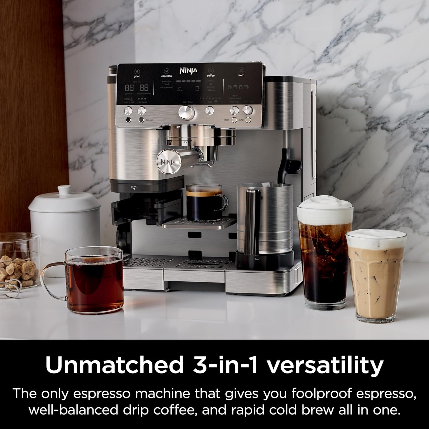 Ninja Espresso Machine, Luxe Café Premier Series, Drip Coffee Maker and Rapid Cold Brew, Integrated Grinder, Assisted Tamper, Hands-Free Frother