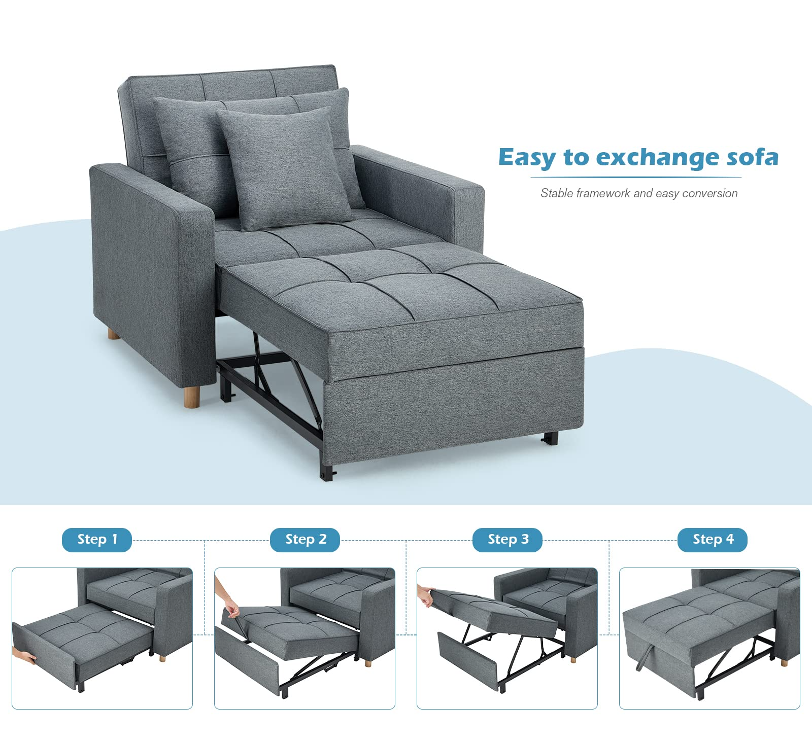 【Furniture】3-in-1 Sofa Bed Chair, Convertible Sleeper Chair Bed, Adjust Backrest Into A Sofa, Lounger Chair