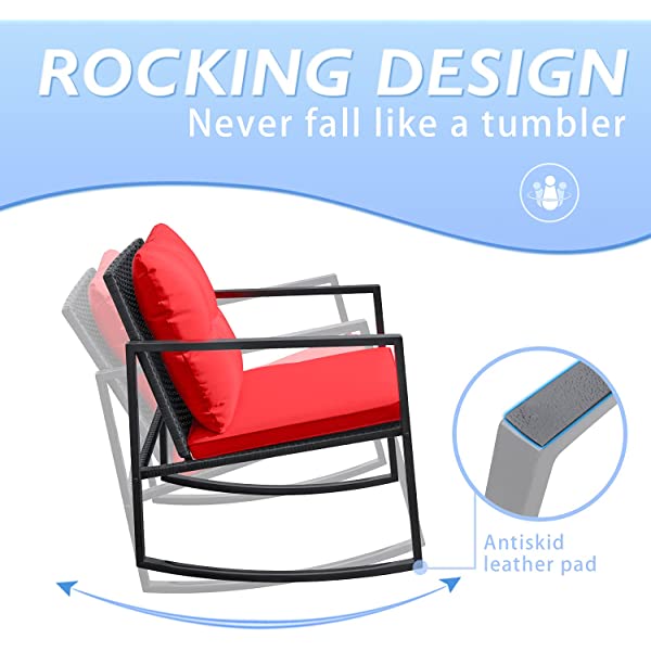 Greesum 3 Pieces Rocking Wicker Bistro Set, Patio Outdoor Furniture Conversation Sets with Porch Chairs and Glass Coffee Table, Beige