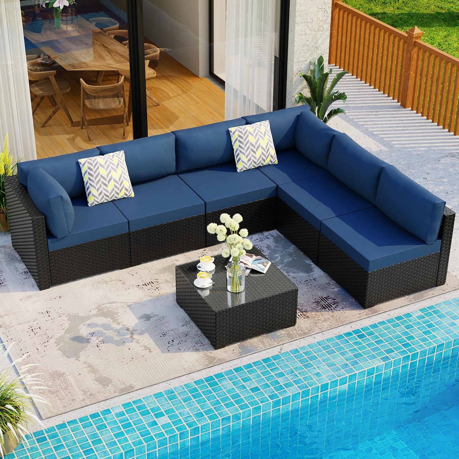 Shintenchi 7 Pieces Outdoor Patio Sectional Sofa Couch, Black Wicker Furniture Conversation Sets