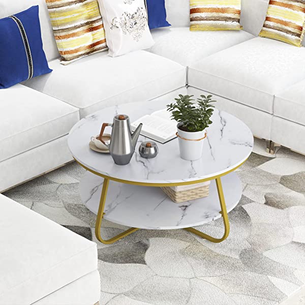 Elephance Round Coffee Table with Storage, 35.8 Inch Rustic Wood Coffee Table with Strong Metal Frame for Living Room, Dining Room, Cocktail Table, Round Sofa Table (Almond)