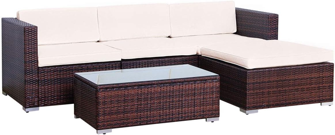 EVRE California Rattan Garden Furniture Set 5 Piece 3 Seater Sofa 1 Ottoman 1 Coffee Table Outdoor Wicker Weave Lounge Sofa and Glass Top Table with Cushions