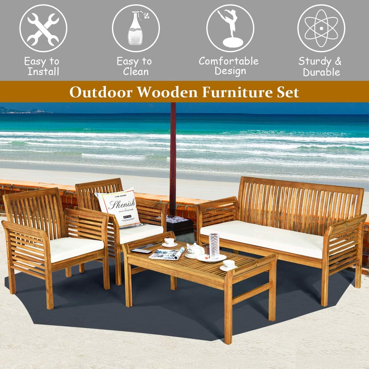 Tangkula 4 Piece Outdoor Acacia Wood Sofa Set