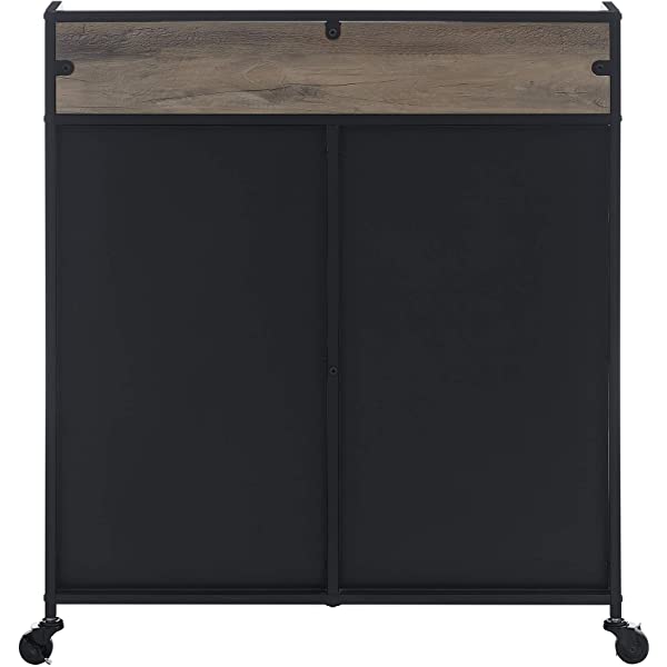 Walker Edison Malcomb Urban Industrial Metal Mesh Double Door Rolling Bar Cabinet, 33 Inch, Rustic Oak Rustic Oak 33 Inch