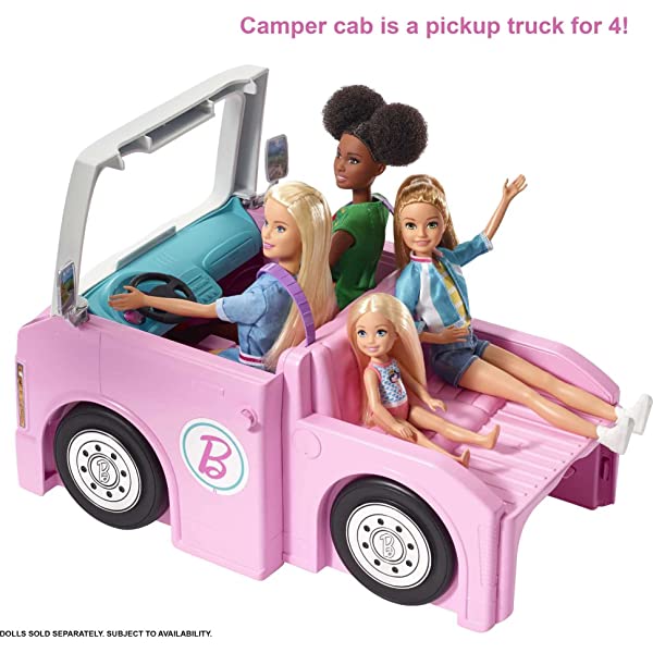 Barbie 3-in-1 DreamCamper Vehicle, approx. 3-ft, Transforming Camper with Pool, Truck, Boat and 50 Accessories, Makes a Great Gift for 3 to 7 Year Olds