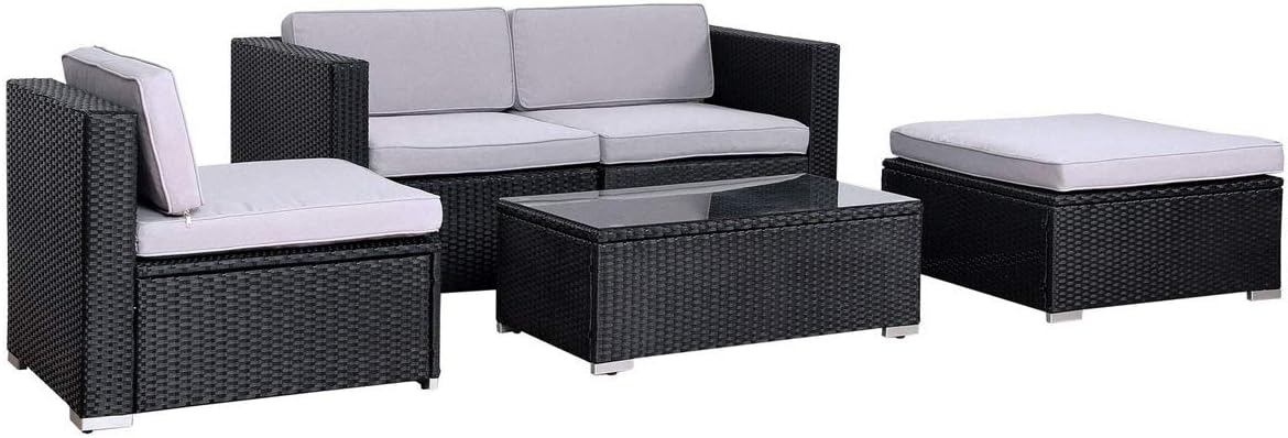 EVRE California Rattan Garden Furniture Set 5 Piece 3 Seater Sofa 1 Ottoman 1 Coffee Table Outdoor Wicker Weave Lounge Sofa and Glass Top Table with Cushions