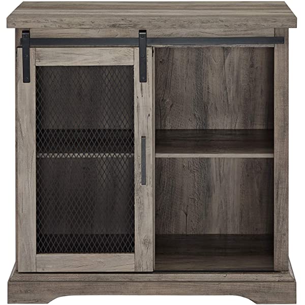 Walker Edison Beaumont Modern Farmhouse Sliding Slat Door Storage Cabinet, 32 Inch, White Oak White Oak Groove Door Cabinet