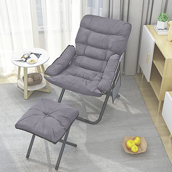 VOJUEAR Modern Accent Fabric Lazy Chair with Ottoman, Upholstered Lounge Reclining Armchair with Side Pocket for Adults or Kids,Upholstered Lounge Leisure Armrest Sofa Chair (CharcoalGrey)