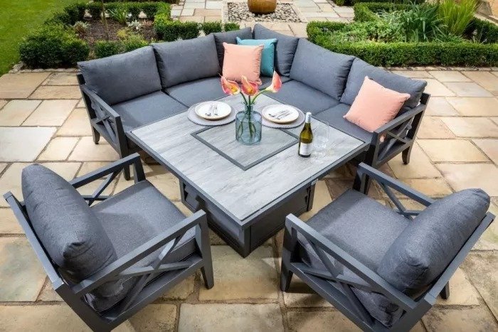 Hartman Sorrento Square Casual Dining Set With Gas Fire Pit & Lounge Chairs Corner Sofa set