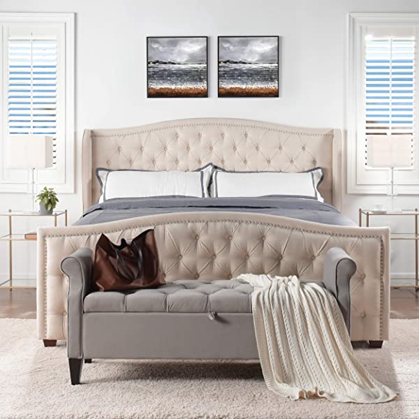 Jennifer Taylor Home Marcella Collection Queen Wingback Tufted Hand-Applied Nail Heads Upholstered Bed, Antique White Antique White Queen