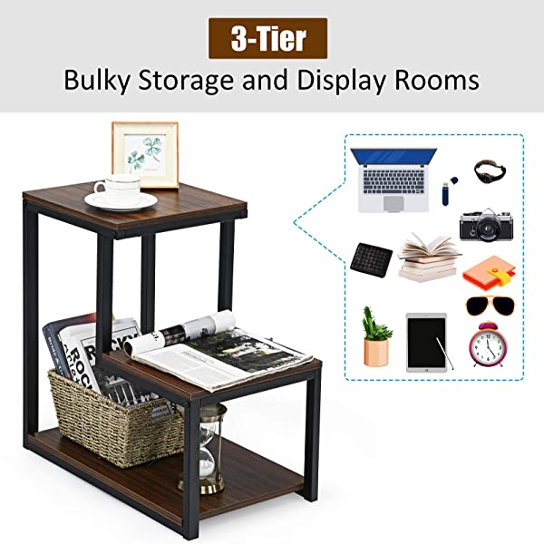 Tangkula 3-Tier Sofa Side Table, Nightstand with Storage Shelf, Sturdy Metal Frame, Ladder-Shaped Chair Side Table, White Tabletop Storage Shelf for Living Room or Bedroom (White)