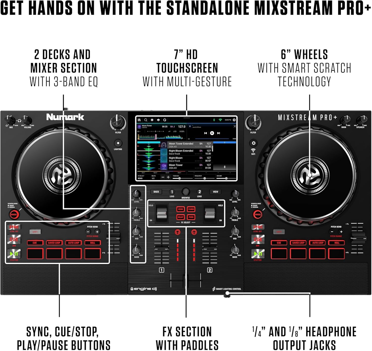 Numark Mixstream Pro+ DJ Controller with Stem Separation, 2 Decks, Wi-Fi Streaming, Mixer, 7