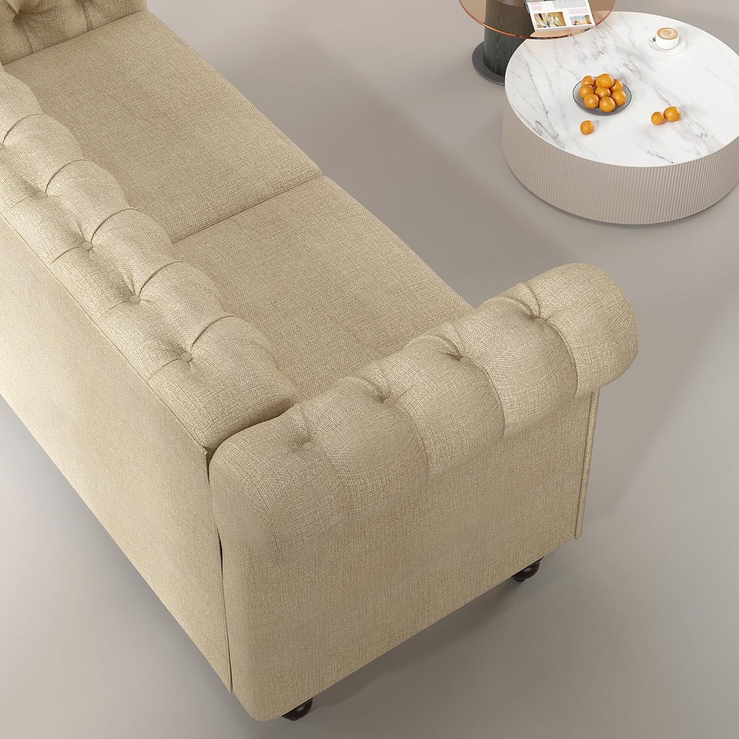 mcc direct Large 2 seater Chesterfield Style Button back Sofa, Couch Linen Fabric Settee for Living Room, Office, Bedroom - Victoria(Beige)