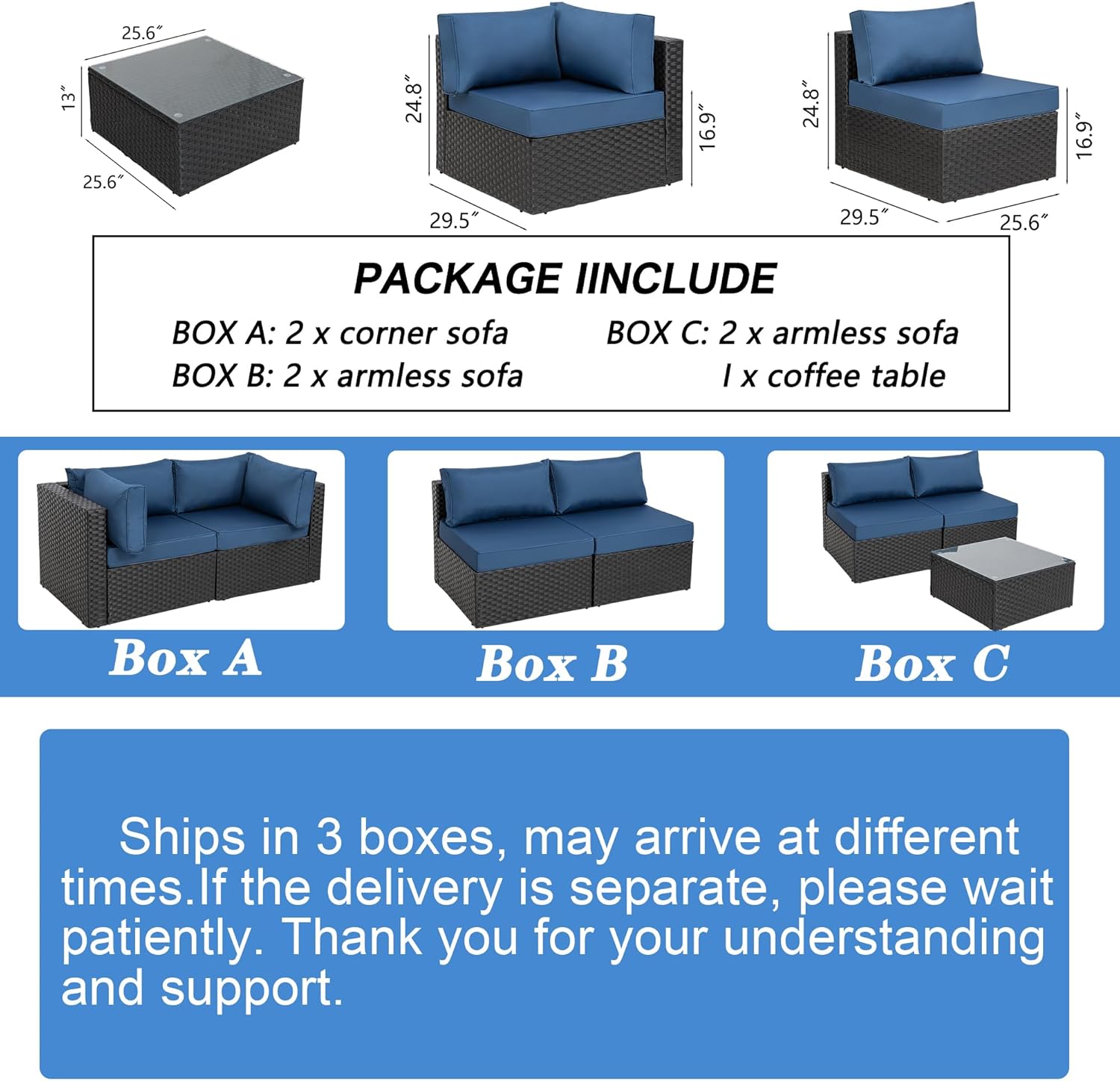 Shintenchi 7 Pieces Outdoor Patio Sectional Sofa Couch, Black Wicker Furniture Conversation Sets