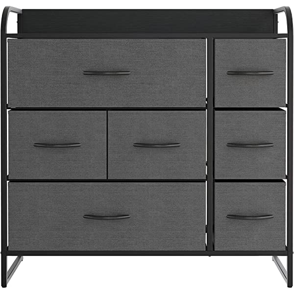 7 Drawer Dresser Organizer Fabric Storage Chest for Bedroom, Hallway, Entryway, Closets, Nurseries. Furniture Storage Tower Sturdy Steel Frame, Wood Top, Easy Pull Handle Textured Print Drawers