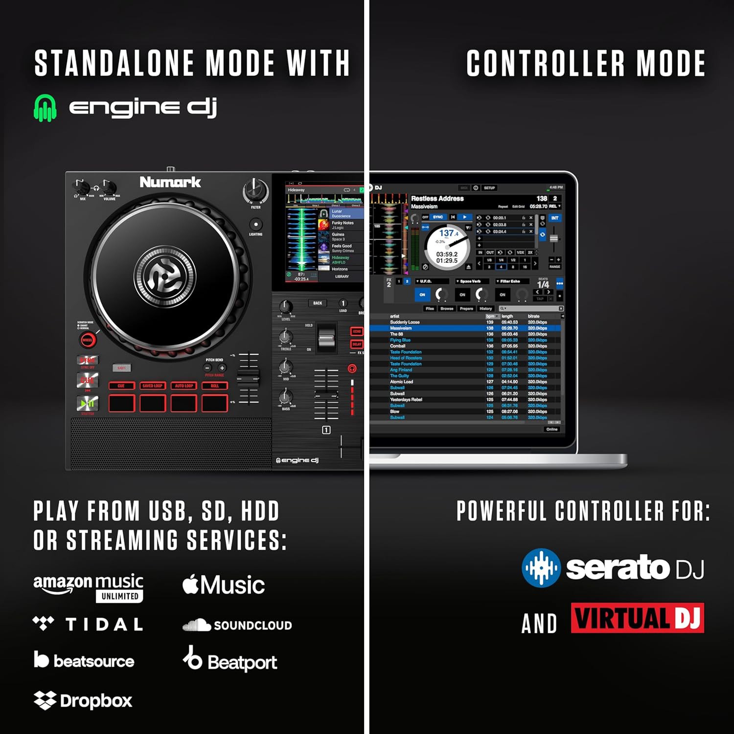 Numark Mixstream Pro+ DJ Controller with Stem Separation, 2 Decks, Wi-Fi Streaming, Mixer, 7