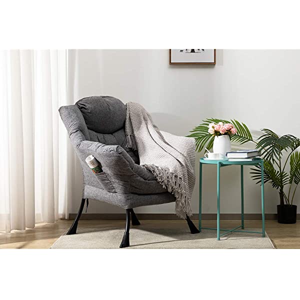 AbocoFur Modern Large Cotton Fabric Lazy Chair，Accent Contemporary Lounge Chair, Single Steel Frame Leisure Sofa Chair with Armrests and A Side Pocket, Beige