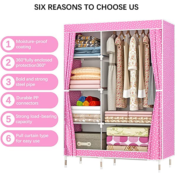 QUMENEY Wardrobe Storage Closet, Portable Clothes Standing Shelves Organizer, Extra Strong and Durable Non-Woven Fabric Rack with Hanging Rods, Quick and Easy to Assemble (Pink Dots)