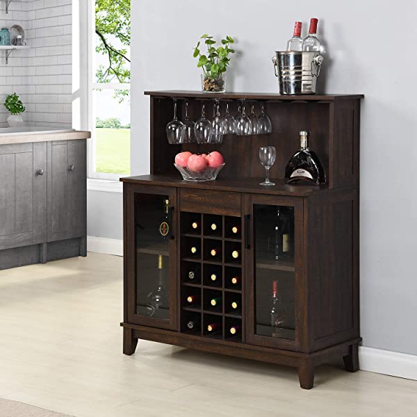 Bar Cabinet with Wine Rack and Glass Doors (Grey wash- Solid)