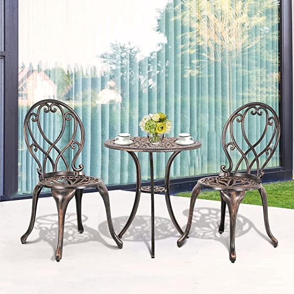 Patiorama 3 Piece Patio Bistro Set, Outdoor Cast Aluminum Furniture Set, All Weather Rust-Resistant Conversation Set w/Umbrella Holen, Antique Finish, Copper