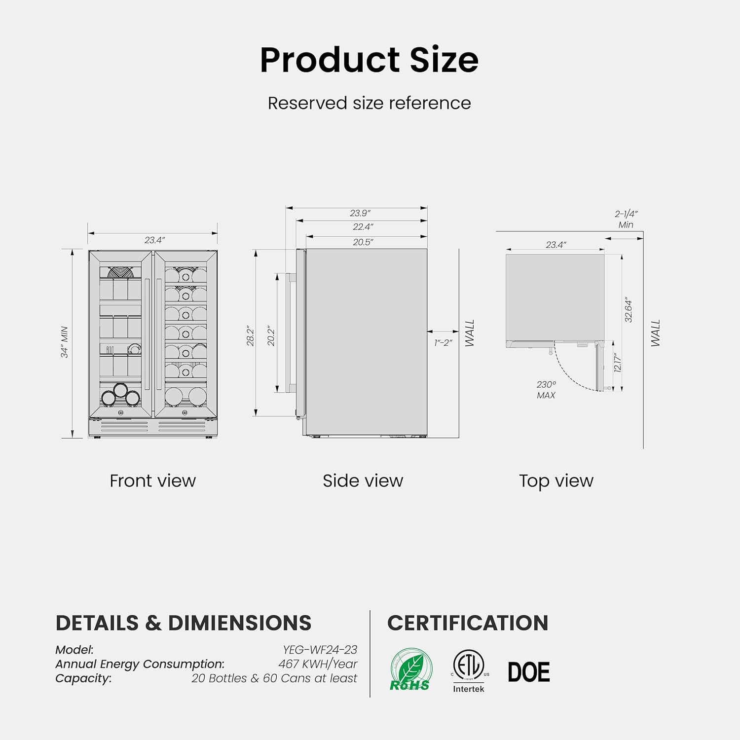 Yeego Wine and Beverage Refrigerator - 24 Inch Dual Zone Wine Fridge
