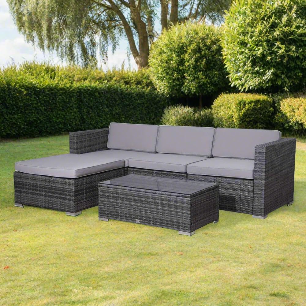 EVRE California Rattan Garden Furniture Set 5 Piece 3 Seater Sofa 1 Ottoman 1 Coffee Table Outdoor Wicker Weave Lounge Sofa and Glass Top Table with Cushions
