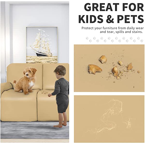 Easy-Going PU Leather Recliner Sofa Slipcovers, Waterproof Stretch Sofa Covers, 8 Pieces Stretch Furniture Protector, Elastic Strap Shield Pets Kids Children Cats Dogs Beige