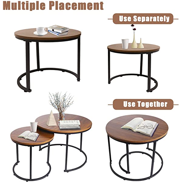 aboxoo Coffee Table Nesting Side Set of 2 End Table Top Sturdy Metal Frame Wood Desk Centerpiece Living Room Bedroom Apartment Modern Industrial Simple Nightstand
