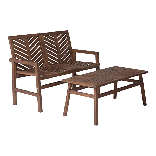 Walker Edison 5 Person Outdoor Wood Chevron Patio Furniture Dining Set Table Chairs Bench All Weather Backyard Conversation Garden Poolside Balcony, 4 Piece, Brown Brown 4 Piece Dining Set