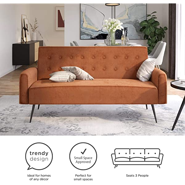 Novogratz 2360379N Z Stevie, Convertible Sofa Bed Couch, Ivory Velvet Futon