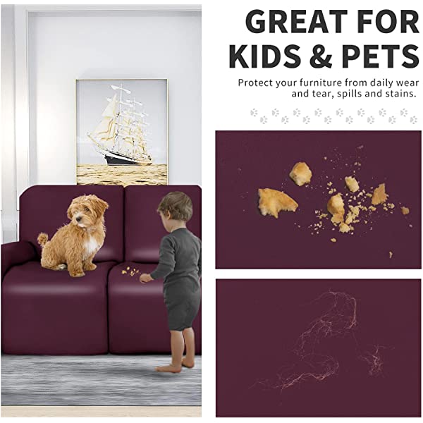 Easy-Going PU Leather Recliner Sofa Slipcovers, Waterproof Stretch Sofa Covers, 8 Pieces Stretch Furniture Protector, Elastic Strap Shield Pets Kids Children Cats Dogs Beige