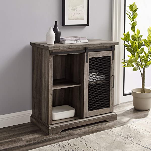 Walker Edison Beaumont Modern Farmhouse Sliding Slat Door Storage Cabinet, 32 Inch, White Oak White Oak Groove Door Cabinet