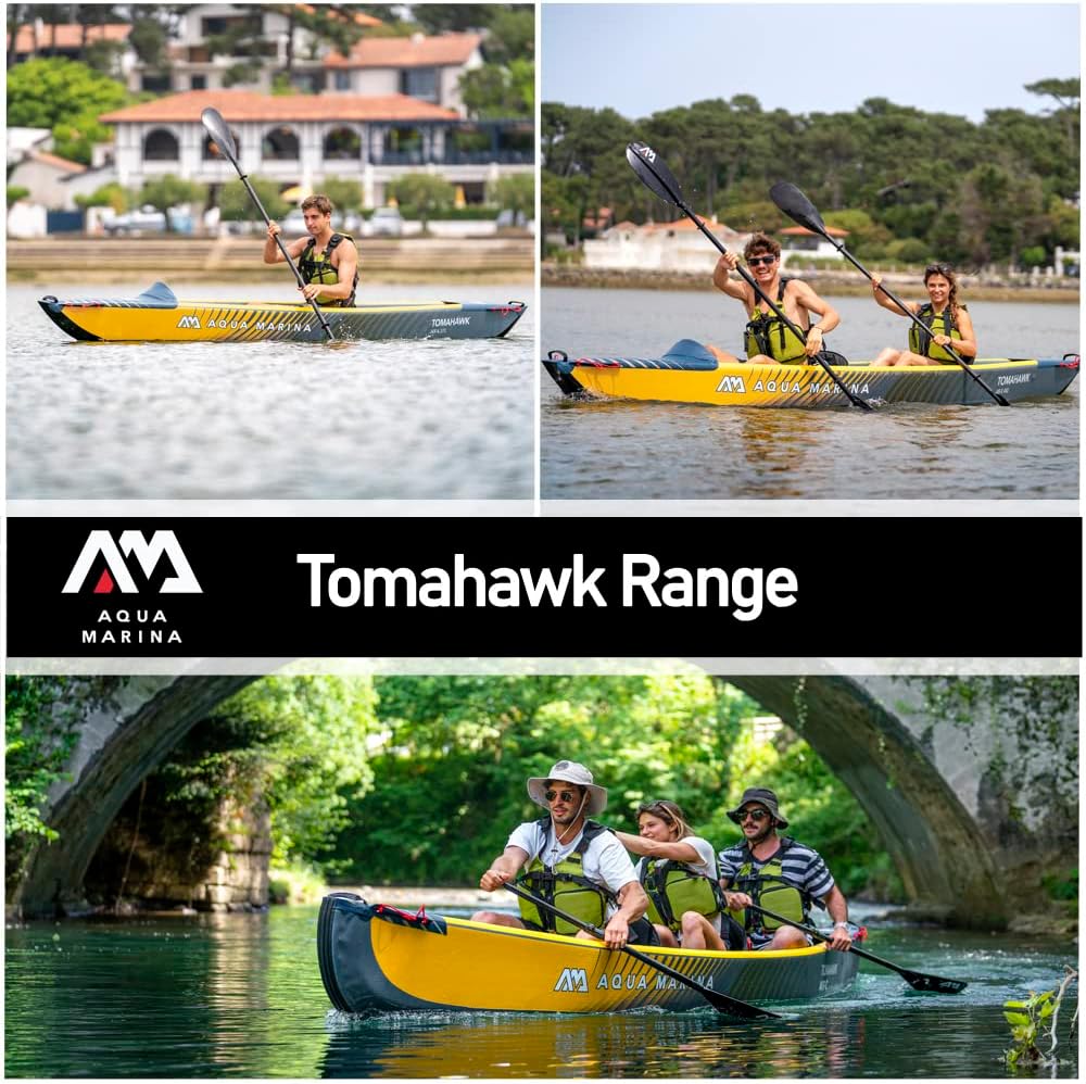 Aqua Marina Tomahawk, AIR-C High Pressure Drop-Stitch Premium Inflatable Kayak/Canoe, for 2-3 Person, 478 cm Length, Marine/Yellow
