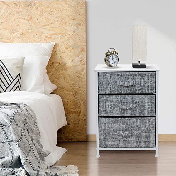 Sorbus Nightstand with 3 Drawers - Bedside Furniture & Accent End Table Chest for Home, Bedroom Accessories, Office, College Dorm, Steel Frame, Wood Top, Easy Pull Fabric Bins (Gray) Grey