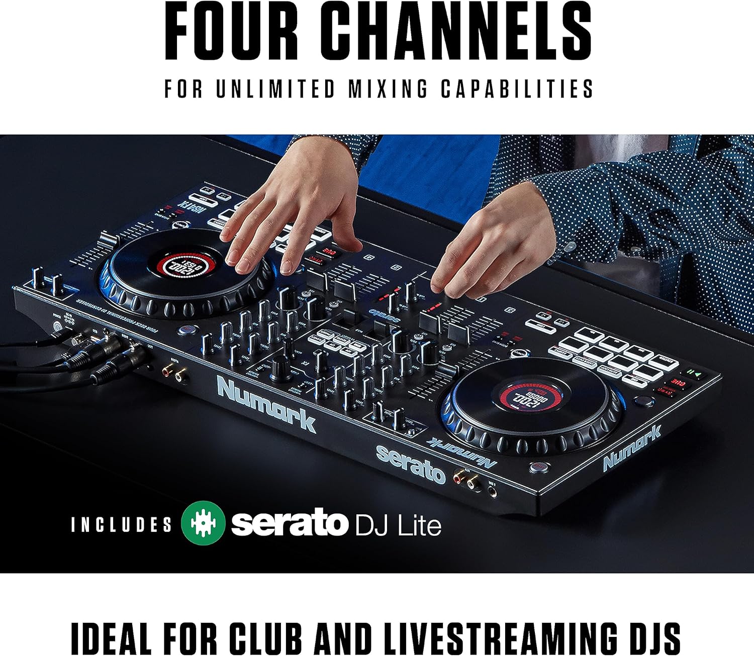 Numark NS4FX – 4-channel DJ Controller, Touch Jog Wheels with Display, Performance Pads and Effects, Booth and Main Outputs, Serato DJ Lite Included
