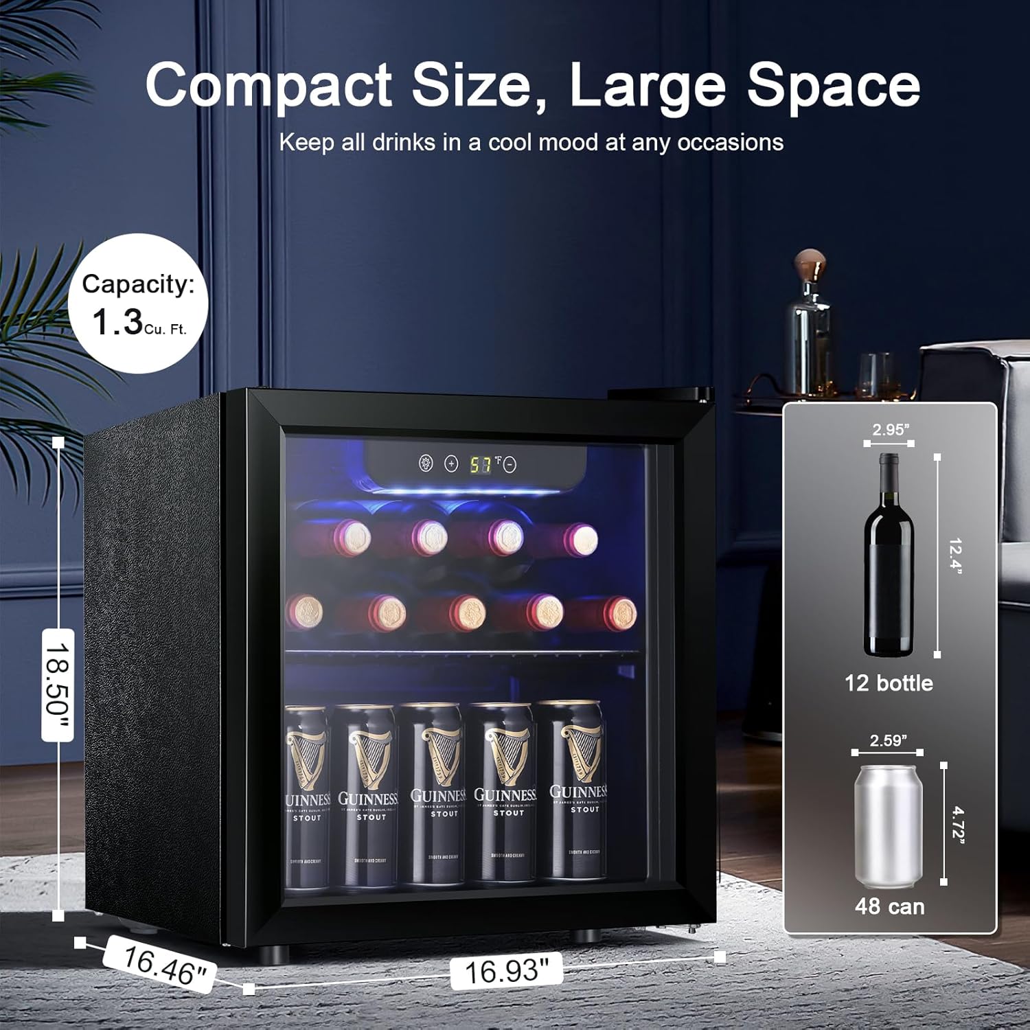 Antarctic Star 12 Bottle 48 Can Wine Cooler/Cabinet Beverage Refrigerator Mini Fridge Low Noise Clear Glass Door Counter Top Cellar for Beer Soda Bar 1.3 cu.ft Black