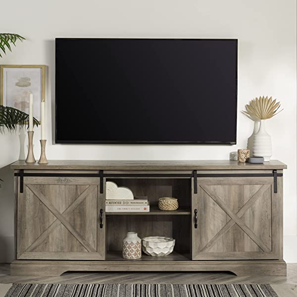Walker Edison Richmond modern farmhouse sliding barn door TV stand for up to 52 inches, white and rustic oak white without fireplace 52 inches TV
