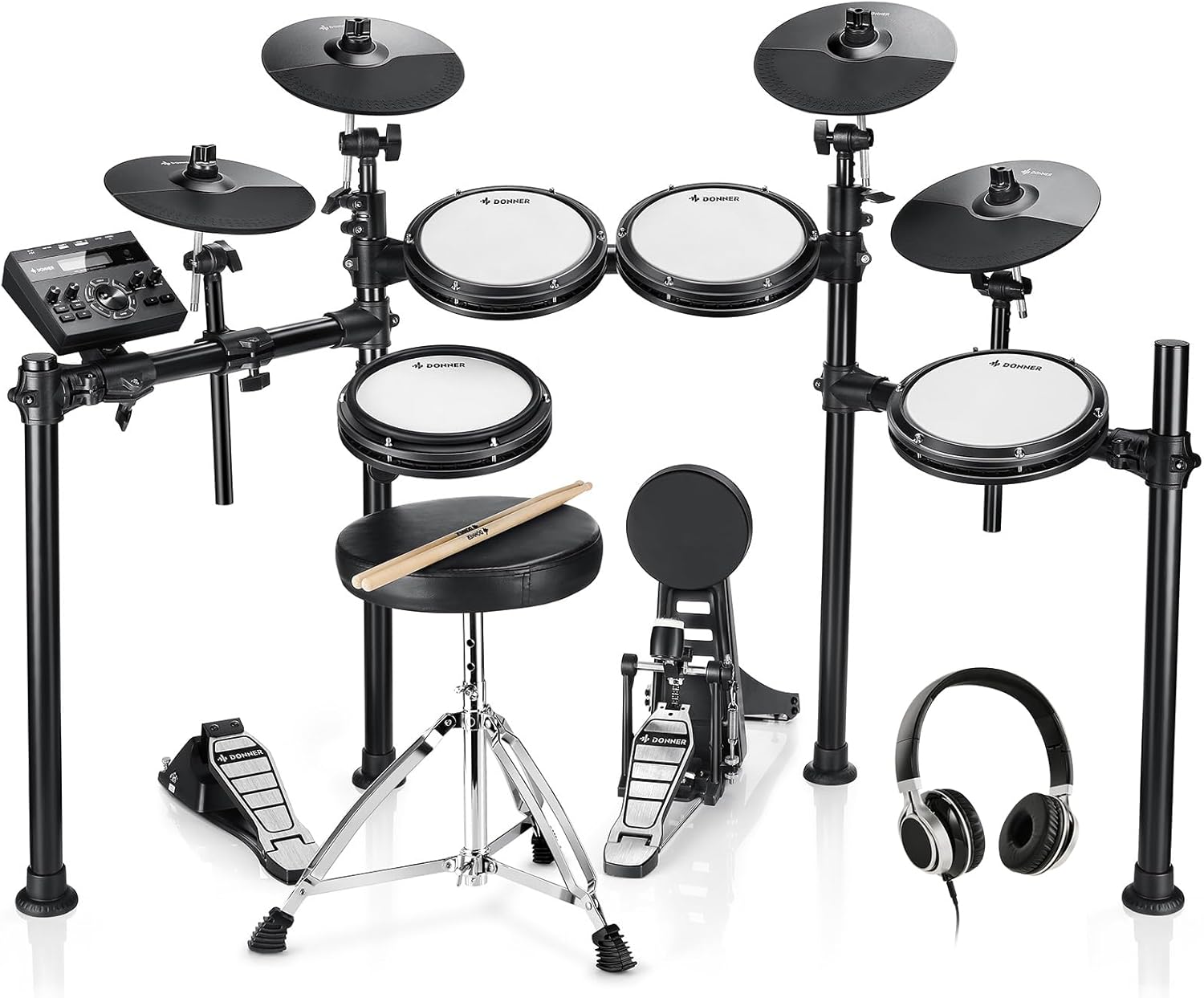 Donner DED-200X Electronic Drum Set, Electric Drum Kit with Quiet Mesh Drum Pads, 2 Cymbals w/Choke, 31 Kits and 450+ Sounds, Throne, Headphones, Sticks, USB MIDI, Melodics Lessons (5 Pads, 4 Cymbals)