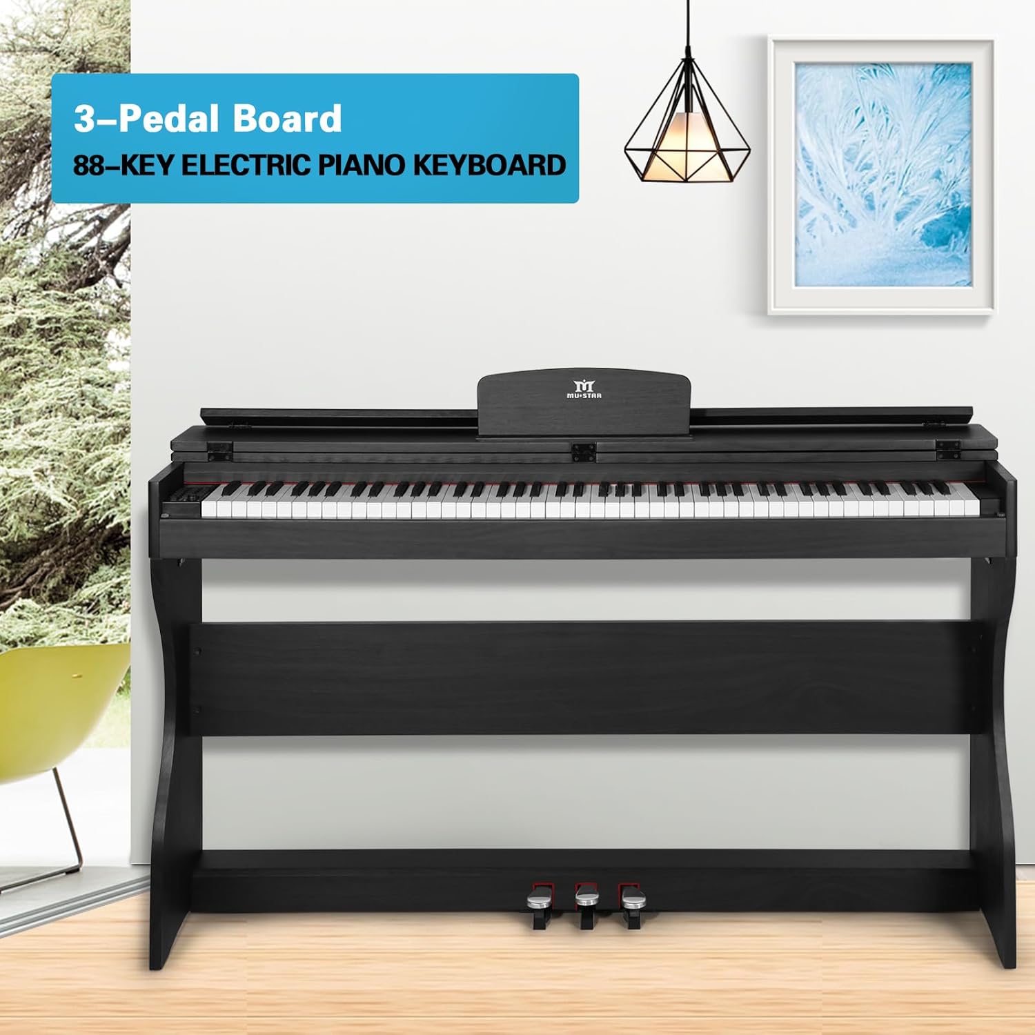 MUSTAR Digital Piano 88 Weighted Keys, Full Size 88 Key Piano Keyboard Semi Weighted, Home Electric Piano with Furniture Stand and Triple Pedal, Music Stand, USB MIDI