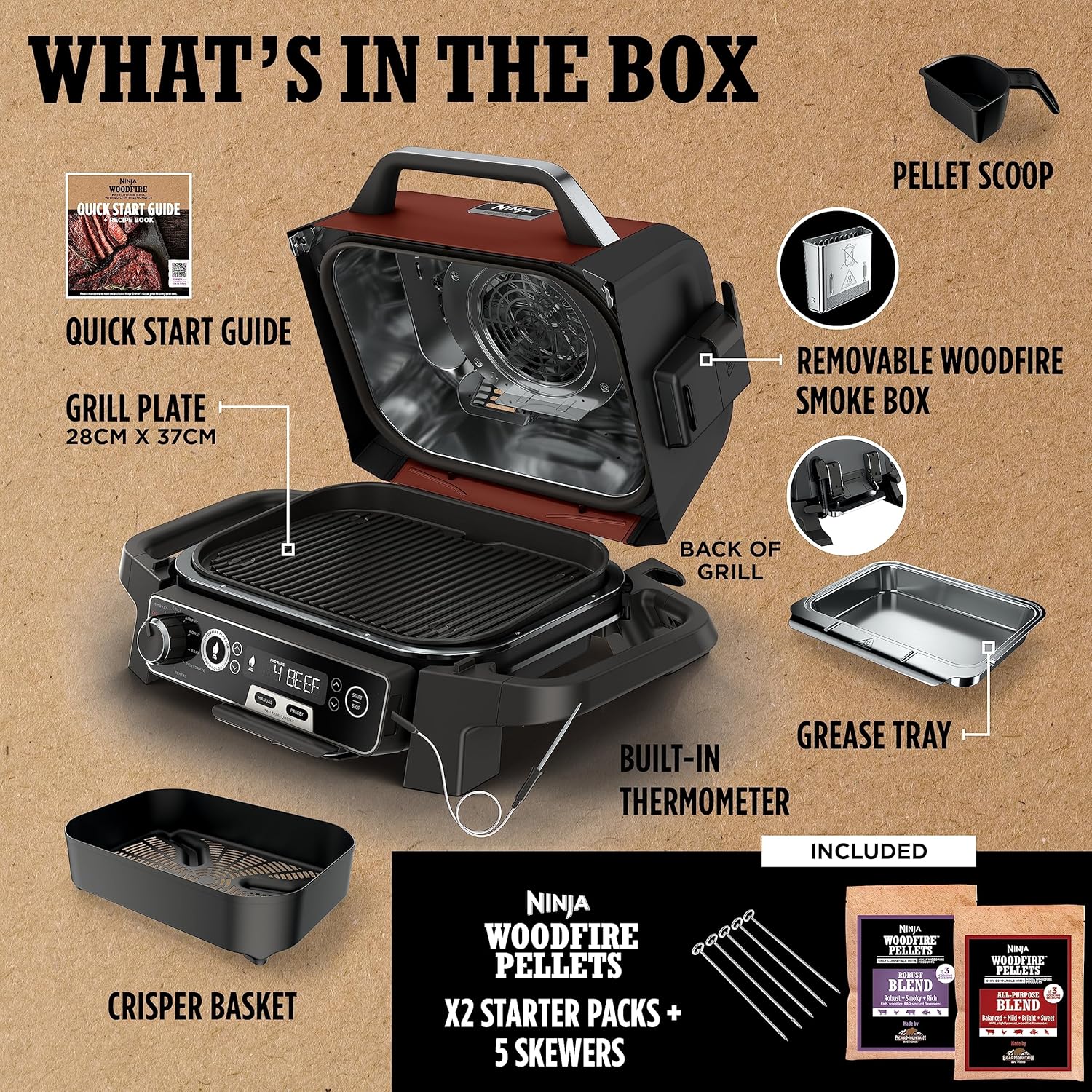 Ninja Woodfire Electric Outdoor BBQ Grill, Smoker and Air Fryer with Pellets and Digital Probe, 5 Skewers, 7 Functions; Grill, Smoke, Air Fry, Roast and more, Red/Black