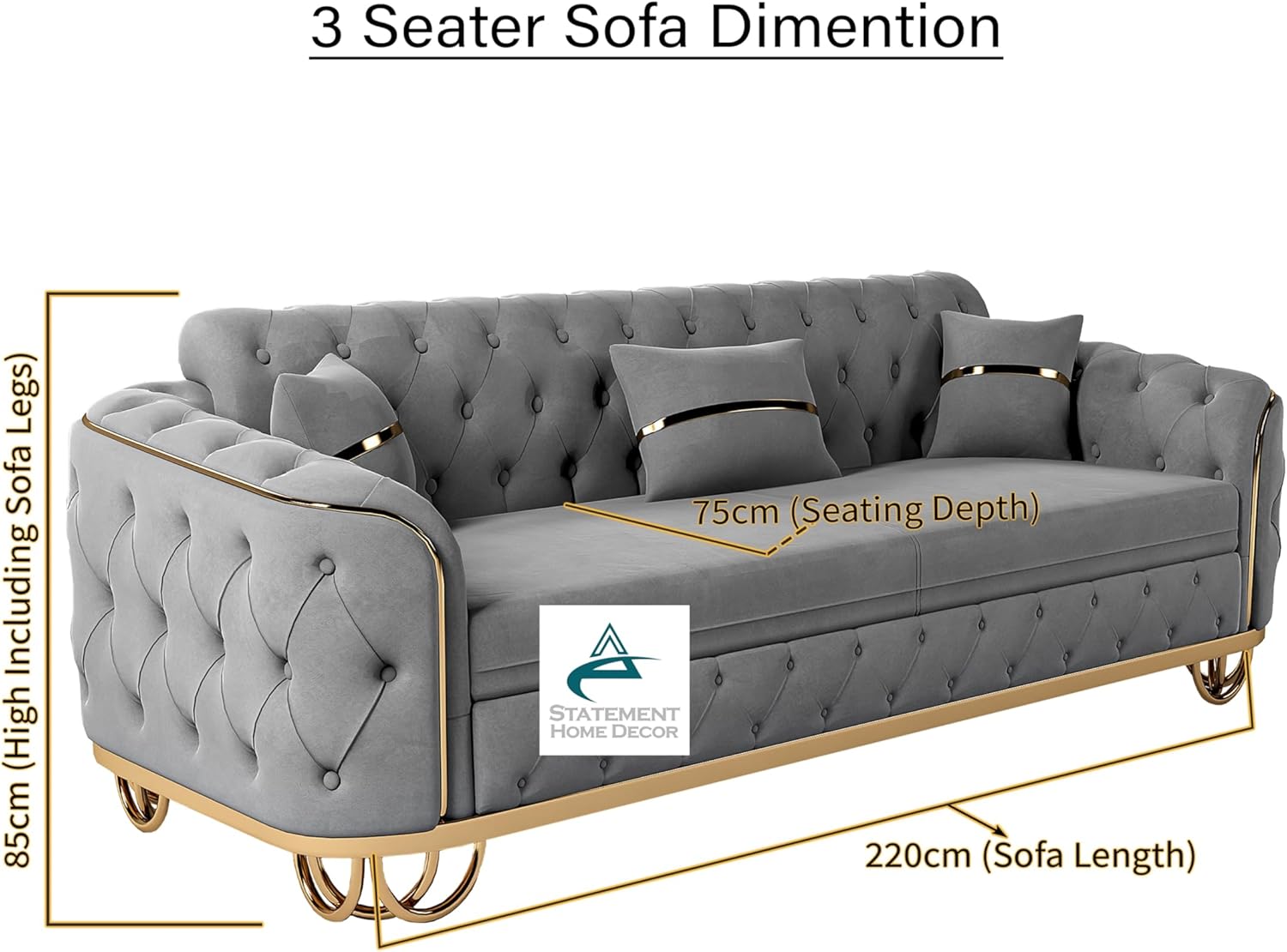 Dark Grey Plush Velvet Sofa, 2 Seater+3 Seater Sofa, 5 Seater Couch Living Room Sofa