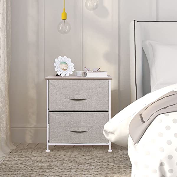 mDesign Storage Dresser End/Side Table Night Stand Furniture Unit - Small Standing Organizer for Bedroom, Office, Living Room, and Closet - 2 Drawer Removable Fabric Bins - Gray/White Grey