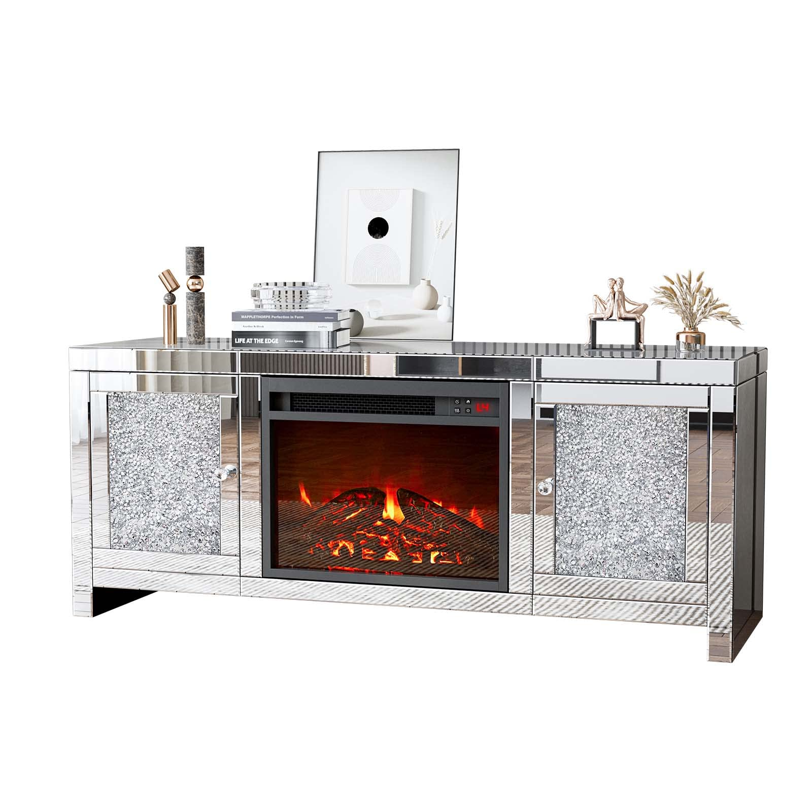 【Furniture】Mirrored Fireplace TV Stand, Mirrored Media Entertainment Center for TV up to 55 inch