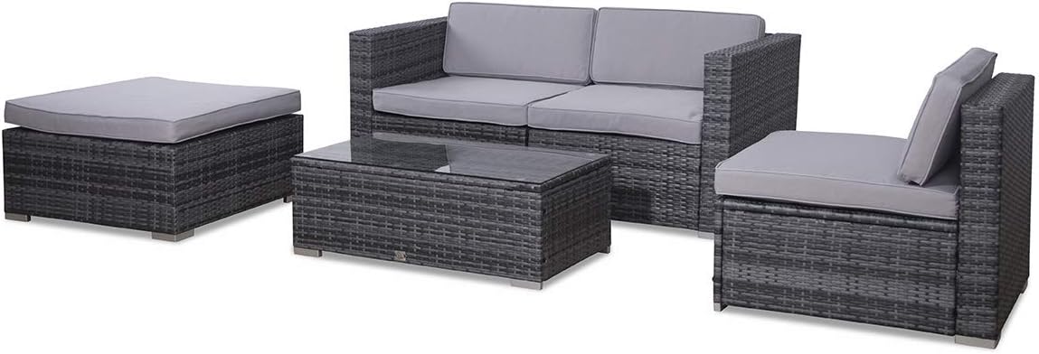 EVRE California Rattan Garden Furniture Set 5 Piece 3 Seater Sofa 1 Ottoman 1 Coffee Table Outdoor Wicker Weave Lounge Sofa and Glass Top Table with Cushions
