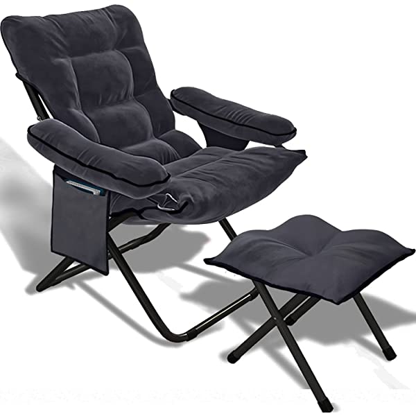 VOJUEAR Modern Accent Fabric Lazy Chair with Ottoman, Upholstered Lounge Reclining Armchair with Side Pocket for Adults or Kids,Upholstered Lounge Leisure Armrest Sofa Chair (CharcoalGrey)