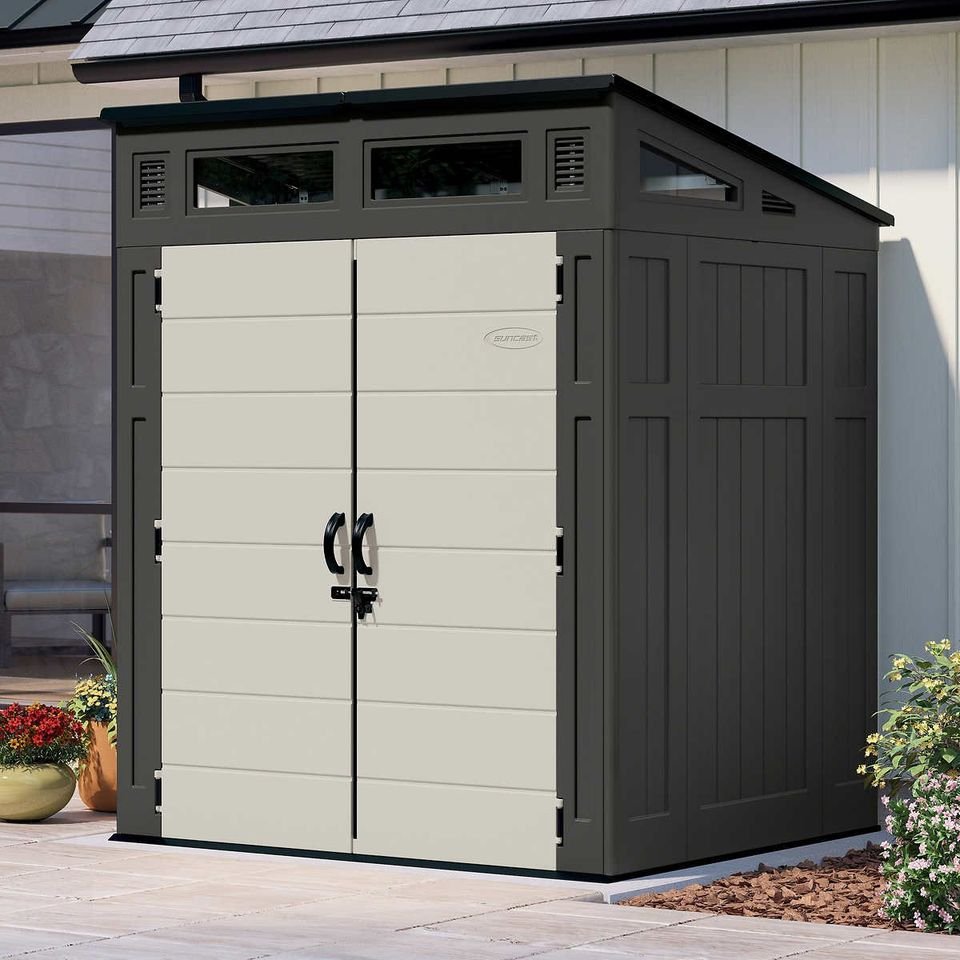 6' x 5' Suncast Modernist Plastic Garden Storage Shed - Peppercorn (1.89m x 1.73m)