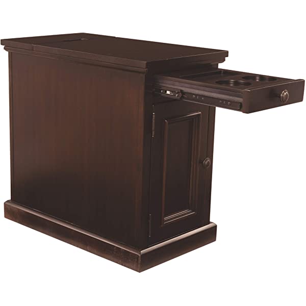 Signature Design by Ashley Tyler Creek Rustic Chair Side End Table with Pull-Out Tray & USB Ports, Brown Blackish Brown Table