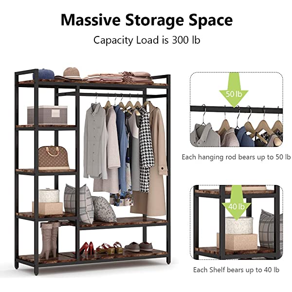 LITTLE TREE Free-Standing Closet Organizer, Heavy Duty Clothes Closet, Portable Garment Rack with 6 Shelves and Hanging Rod, Black Metal Frame&Rustic Board Finish Vingte &Black