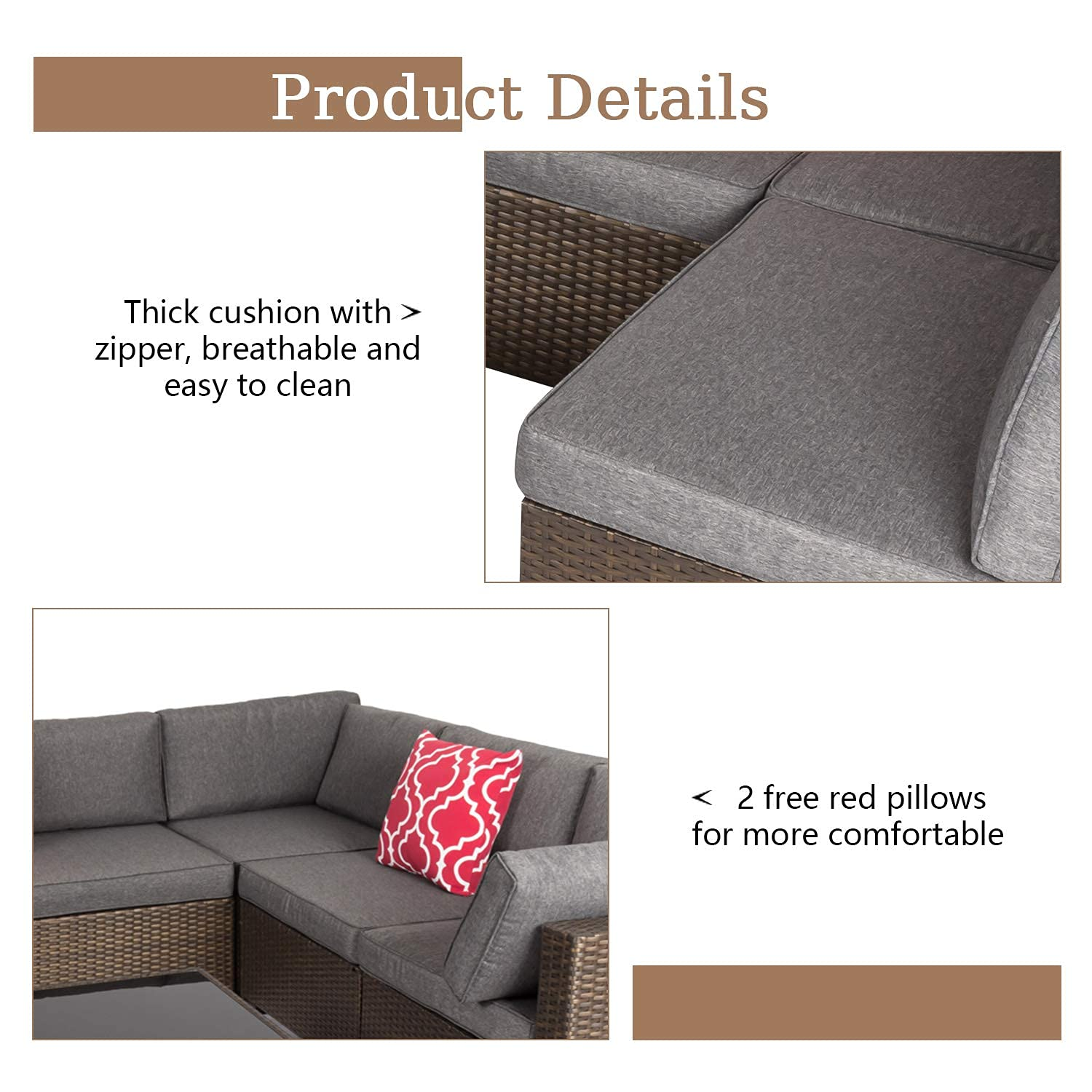 【Furniture】Outdoor Furniture Set, 7 Pcs Sectional Patio Furniture, PE Rattan Coversation Sofa Set